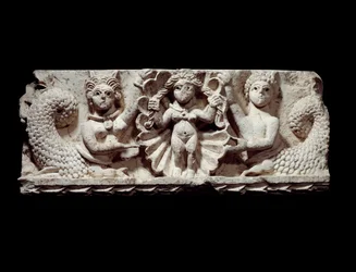 Coptic art: The Birth of Venus (Aphrodite). Limestone relief from Egypt. 5th century AD. H. 0.71 x 0.29 m. Paris, Musée du Louvre