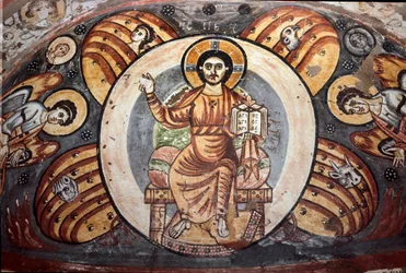 Christ in Majesty. The symbols of the four evangelists. Fresco decorating a niche, 5th-6th century. Cairo, Coptic Museum, Egypt