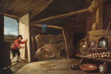 A Barn Interior with a Cowherd Entering and a Still Life of Vegetables and Copper Vessels