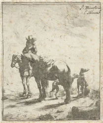 Rider with Two Horses and Two Dogs