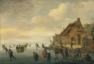 A Winter Landscape with Horse-Drawn Sledges and Figures Skating on a Frozen Lake by a Rural Village