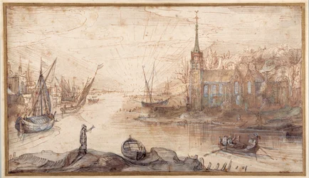 A harbour scene with shipping and a church at sundown