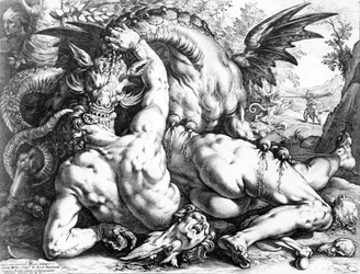 Dragon devouring the companions of Cadmus, engraved by Hendrik Goltzius, 1588