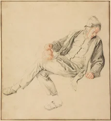 A Seated Peasant Looking Down to the Right, Holding a Pitcher
