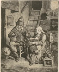 Farmer in a country house, beside him a breastfeeding woman
