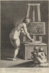 Pictura: Allegory of Painting, with a Nude Woman at Center Grinding Pigments