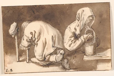 A Kneeling Man and a Woman with a Basket
