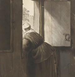 A Woman Leaning on the Bottom Door, after Rembrandt van Rijn