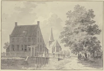House with Moat and Footbridge, the Church in the Background, a Tree on the Right, beneath Which Stand a Cart and Several Figures