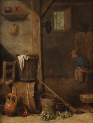 A Kitchen Interior with a Figure Seated in the Adjoining Room