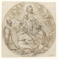 Mary with the Child adored by Saint Ignatius of Loyola, Saint Francis Xavier and a holy monk