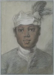 Head of a young Black man with feathered turban