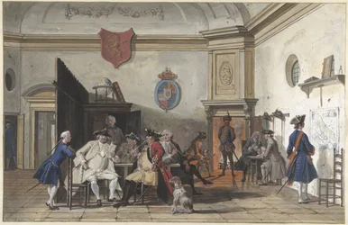 Waiting Room with Reading, Smoking, and Card-Playing Officers