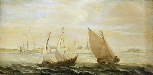 A yacht and a small Dutch sailing ship, off the coast of a port in the Zuiderzee (North Sea), with a view of the city on the horizon and sand dunes on the right