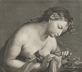 Erigone leaning over a platter of grapes and lifting a piece of cloth with both hands