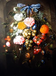A Still Life of Flowers and Fruits tied with a Blue Bow