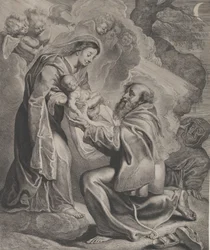 The Vision of Saint Francis, kneeling at right, receiving the Christ child from the Virgin, 1650