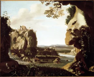 Orpheus playing violin at the entrance of hell