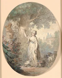 Shepherdess Carving a Sign in a Tree