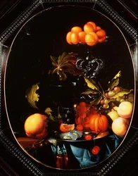 Still life with pumpkins, fruit and oysters