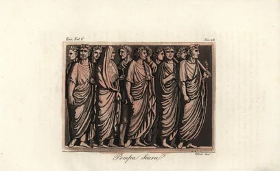 Roman noblemen in laurel wreaths and toga at a sacrificial rite