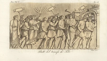 Roman soldiers march in procession with spoils of war on the Arch of Titus, the arch of triumph celebrating Emperor Titus’s victory over Jerusalem