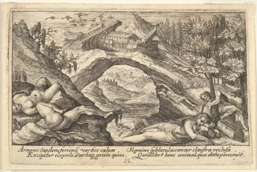 Aftermath of the Flood: human bodies strewn on dry land in the foreground, Noah