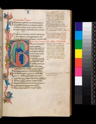 Ms 325. Lucan, Bellum Civile, and Other Works, f.10r. Illuminated Initial [B], Inhabited by a Full-Length Author Portrait, Extending into a Partial Foliage Border, c.1400-10