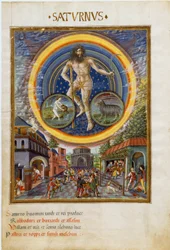 Saturn with zodiac signs of Aquarius and Capricorn. The game scenes and their influence on men. (miniature, c. 1470)