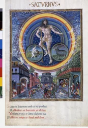 Saturn with Zodiac Signs of Aquarius and Capricorn. Downstairs, the Game Scenes and Its Influence on Men. Miniature Made by Cristoforo de Predis - in 