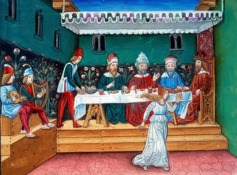 During the Banquet of Herod, Salome Presents the Head of John (c. 144r). 1476