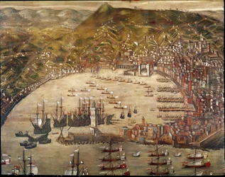 View of the city and harbour of Genoa, with ships entering it. (Oil on canvas)