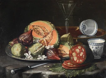 Still Life: Melon, Sausage, Figs, and Chinese Porcelains