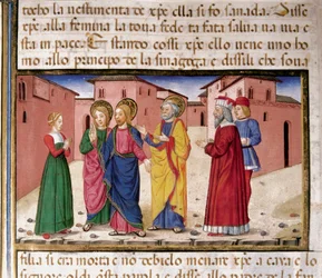 Jesus addresses the woman guilty of adultery. Miniature by Cristoforo De Predis after the History of the New Testament