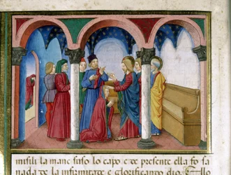 Jesus straightens a woman with twisted limbs in a synagogue (Detail)