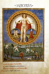 Mercury with the zodiac signs Virgo and Gemini. Peasants working in the fields, miniature, c. 1470