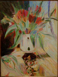 Tulips in a Bulbous Vase in Front of a Curtain