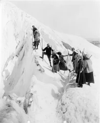 Group of men and women climbing Paradise Glacier in Mount Rainier National Park, Washington