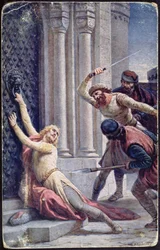 Assassination of Saint Wenceslas by his brother Boleslav on the steps of a church, early twentieth-century postcard