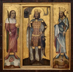 Muhlhausen altarpiece (or Prague altarpiece). Open altarpiece with the three main saints of Boheme: Saint Vitus, Saint Wenceslas, and Saint Guy