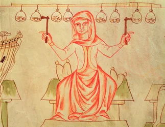 Musician Playing Bells, from the Velislav Bible, c.1340