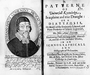 Titlepage and Frontispiece to A Patterne of Universall Knowledge, including a portrait of Jan Amos Komensky, engraved by George Glover, 1651