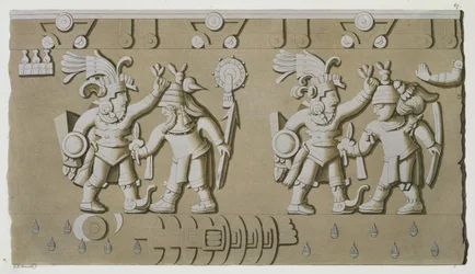 Bas Relief of Ancient Aztec Warriors, from The Stone of Tizoc Commemorating a Ruler Holding his Captives by the Head