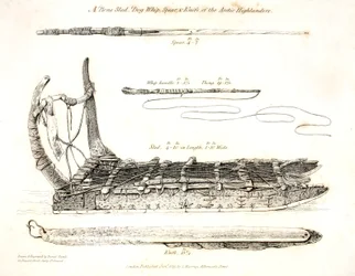 A Bone Sled, Dog Whip, Spear and Knife of the Arctic Highlanders, illustration from 