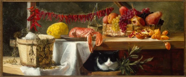 Still Life with Peppers, Fruits, a Lobster, and a Cat