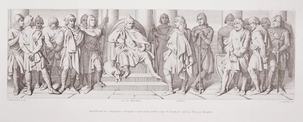 Harold and his companions brought before Guy of Ponthieu and his Norman knights