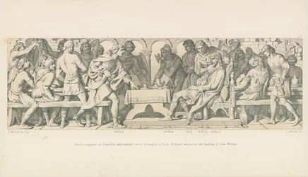 Harold Conqueror at Stamford, and Wounded, Sits at a Banquet in York. A Herald Announces the Landing of Duke William