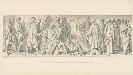 The day before the Battle. A knight, with monks, sent by William to negotiate with Harold