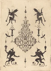 Brooch with Fantasy Creatures Blowing Horns at Top and Winged Griffins at Bottom