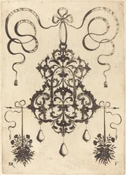 Large Pendant, Lower Left and Right Two Bunches of Grass, Flowers, and Fruit